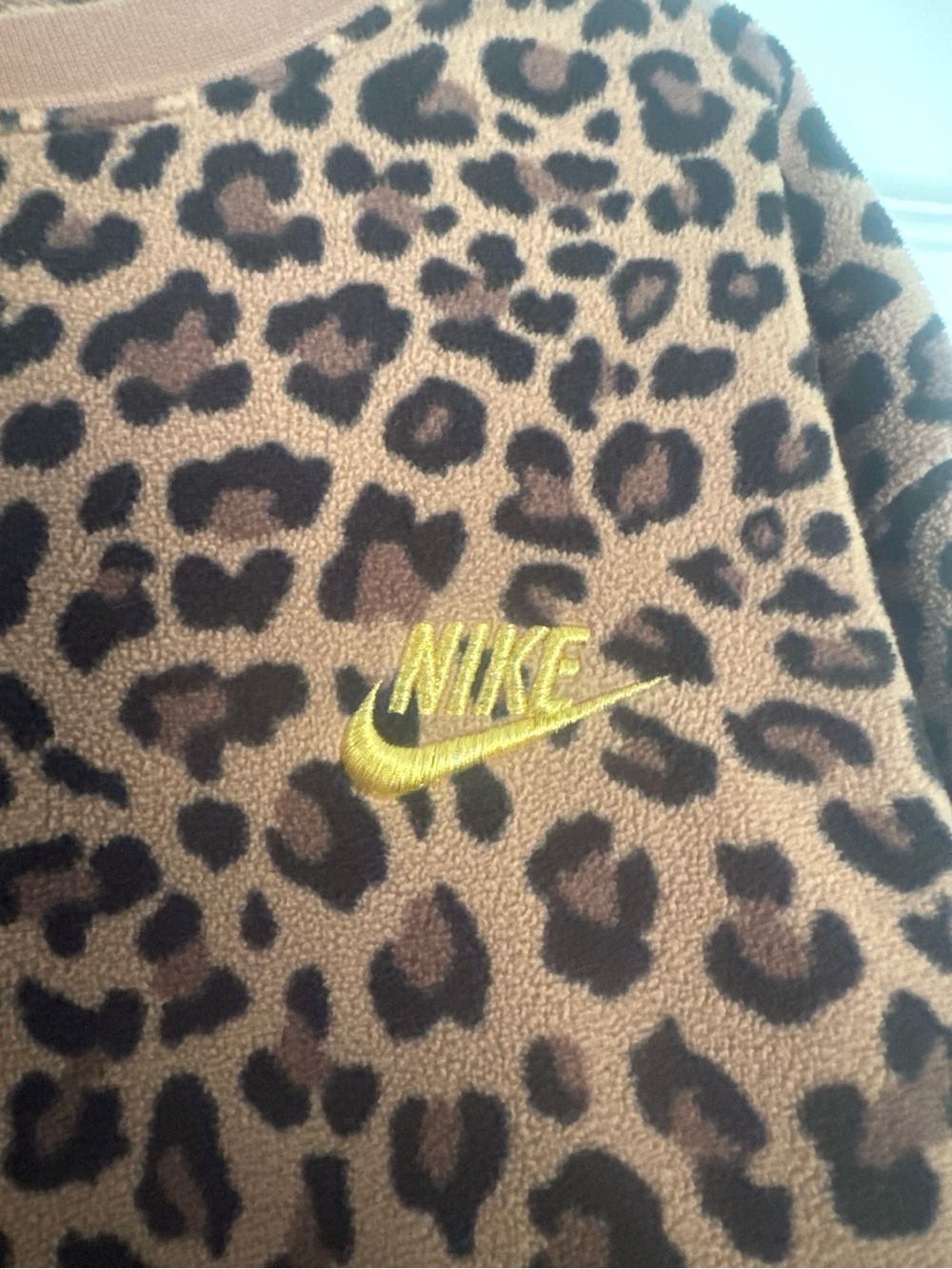 Nike Leopard-Print Crewneck Sweater in Brown with Yellow Logo - Picture 3 of 4